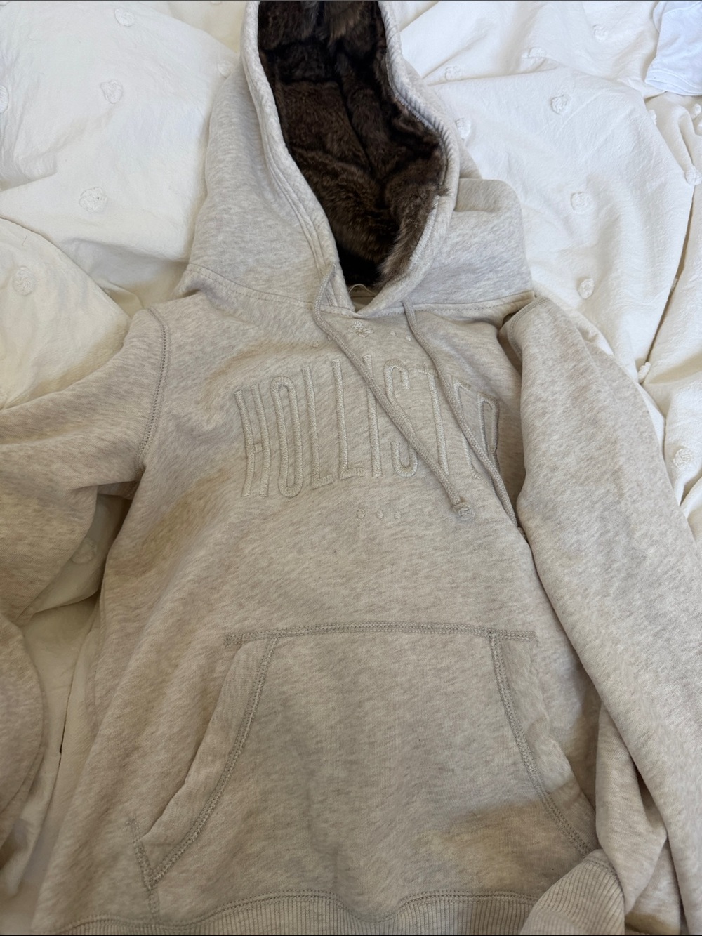 Hollister Heather Gray Hoodie with Dark Brown Faux Fur Lining